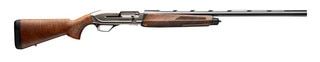 Semi-automatic 12 gauge shotgun with walnut stock and blued barrel for hunting.